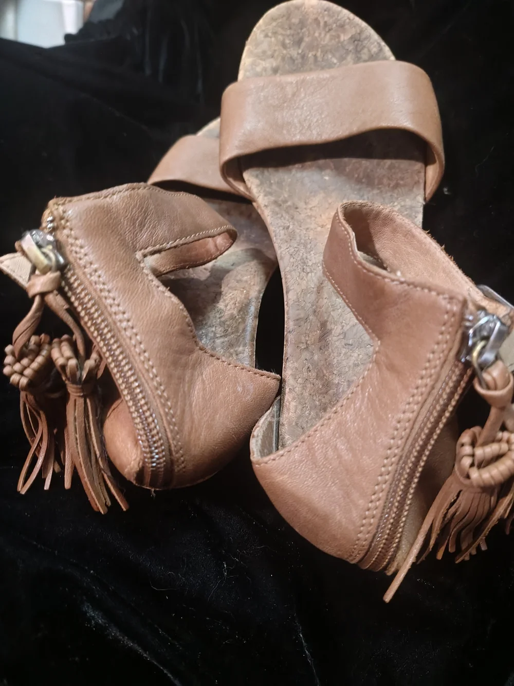 UGG Tan Cork Wedge Sandals with Ankle Tassels